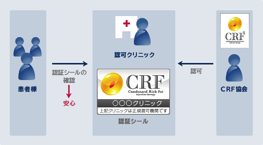 当協会では、LIPOMAX-SCを使用して正規のプロセスを行っているクリニックだけに認証マークを発行、ホームページに掲載することを推奨しています。これにより、ホームページや雑誌広告などで「コンデンスリッチファット注入」と紹介されていても、認証マークの有無で正規のサービスかどうかを、患者様にも一目で確認いただけるようにしています。
